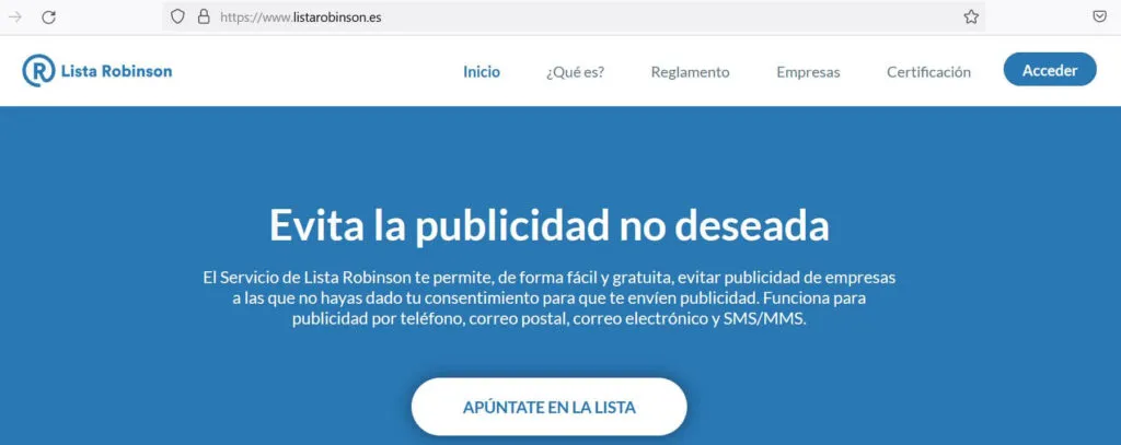 Página principal del sitio web de la Lista Robinson.
