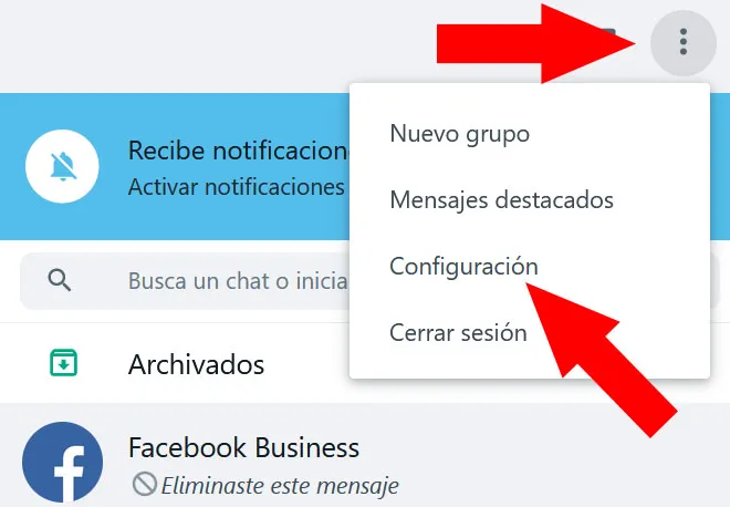 Versión web de WhatsApp mostrando el icono de los tres puntos y un menú con la opción “Configuración”.