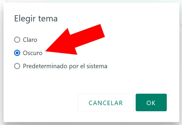 Modal de la versión web de WhatsApp mostrando el apartado “Oscuro” y el botón “OK”.