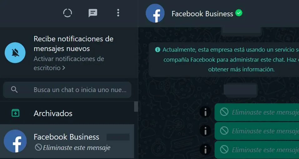 WhatsApp con el modo oscuro activado.