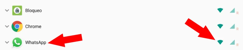 App de NetGuard mostrando el icono de WhatsApp y dos iconos verdes: uno con el símbolo del Wi-Fi, y otro en forma de triángulo.
