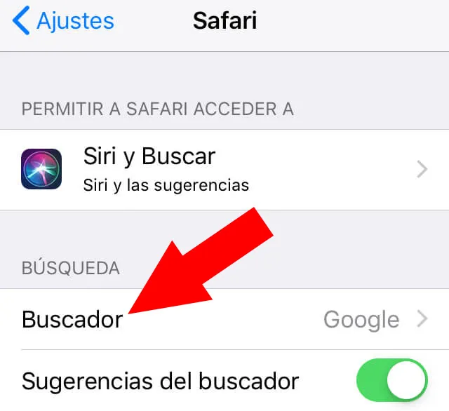 Menú del apartado “Safari” mostrando la opción “Buscador”.
