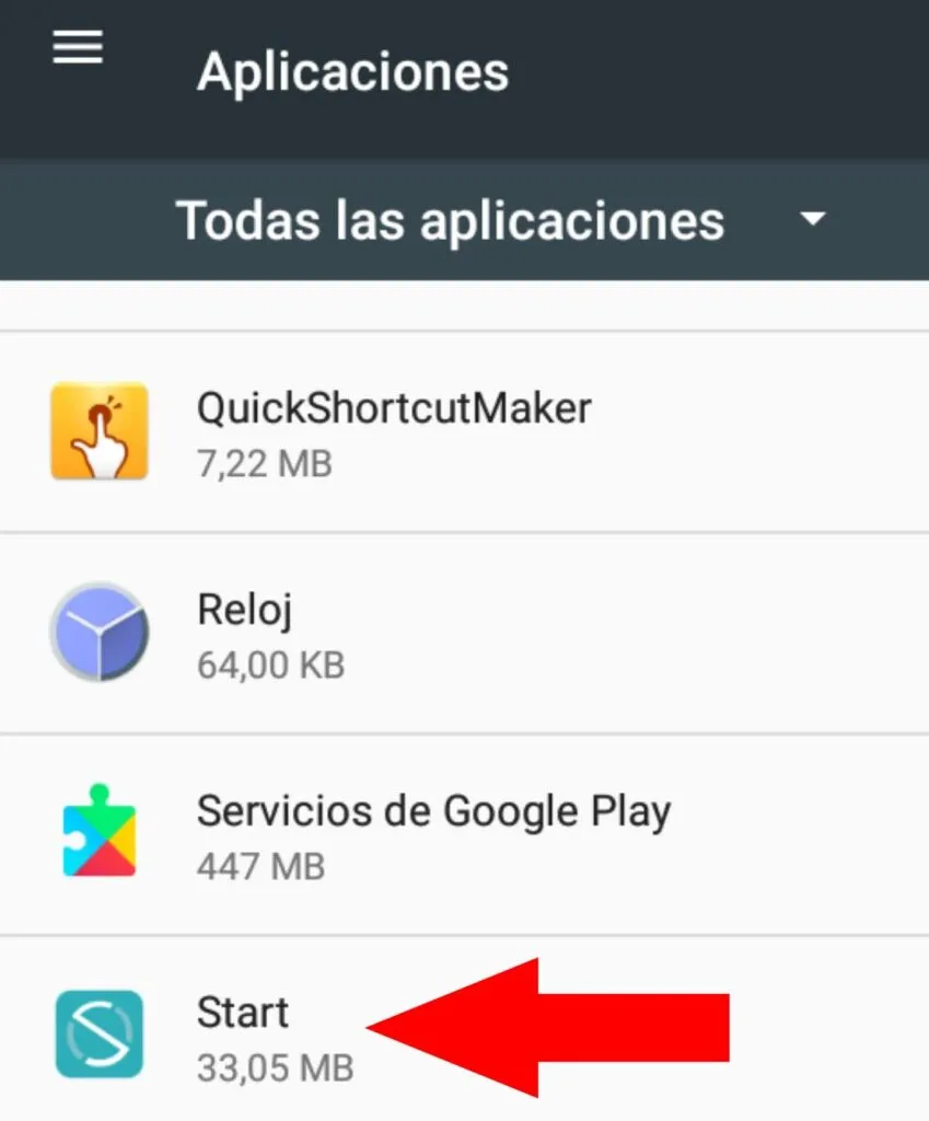 App de “Aplicaciones” o “Apps” de un Android mostrando las apps de Start y de QuickShortcutMaker.