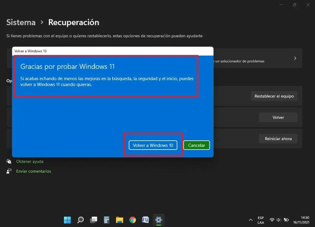 desde Windows 11 es posible volver a Windows 10