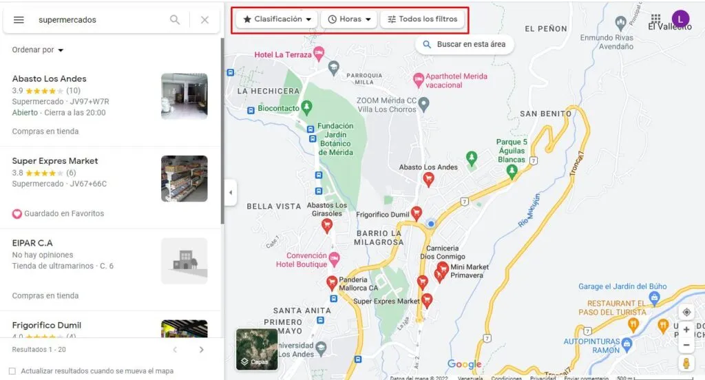 Filtros de Google Maps