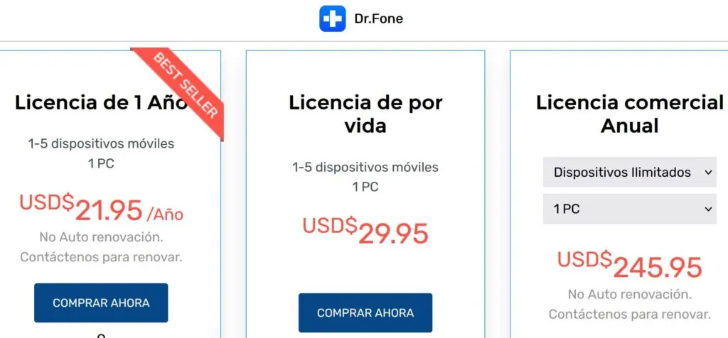 Lista de precios de las suscripciones de Dr.Fone.
