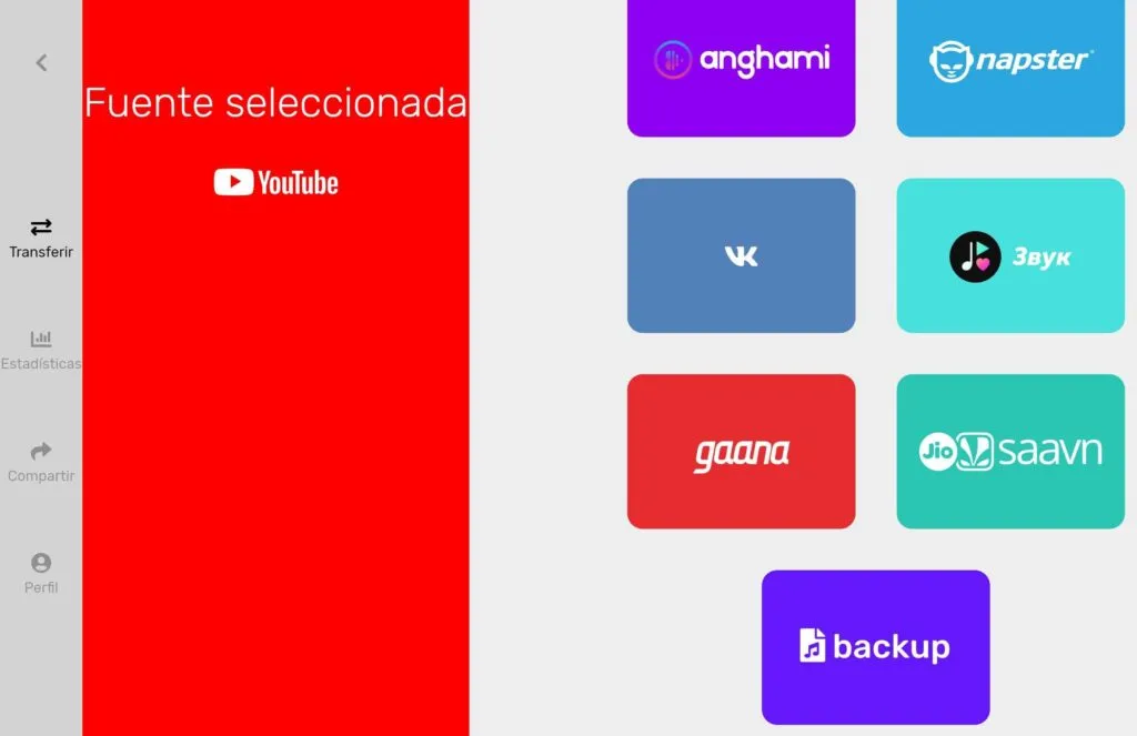 Aplicación de FreeYourMusic mostrando el botón “backup”, y en donde se observa que el servicio de streaming de origen es YouTube.