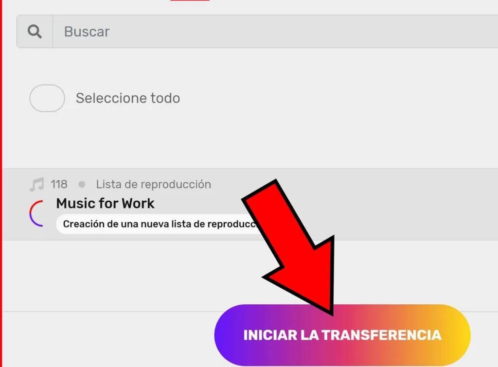 FreeYourMusic mostrando el botón “Iniciar la transferencia”.