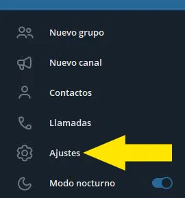Menú de Telegram mostrando la opción “Ajustes”.