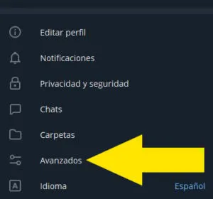 Menú de “Ajustes” mostrando la opción “Avanzados”.