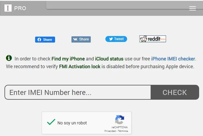 Sitio web de IMEI Pro mostrando la casilla “Enter IMEI Number here…” y el botón “CHECK”.