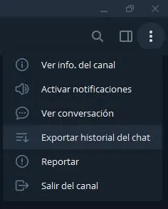 Icono de los tres puntos de la ventana de un chat de Telegram mostrando un menú con la opción “Exportar historial del chat”.
