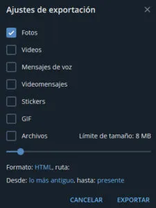 Ventana para exportar un chat individual de Telegram mostrando distintos parámetros.
