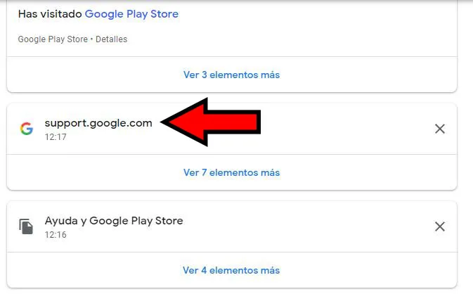 Apartado con la palabra clave “support.google.com” en “Mi actividad”.