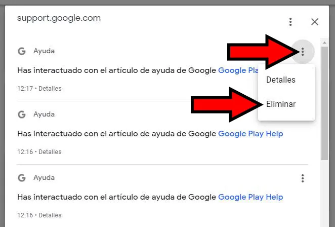 Icono de los tres puntos y la opción “Eliminar” del modal que aparece al clicar en una palabra clave en “Mi actividad”.