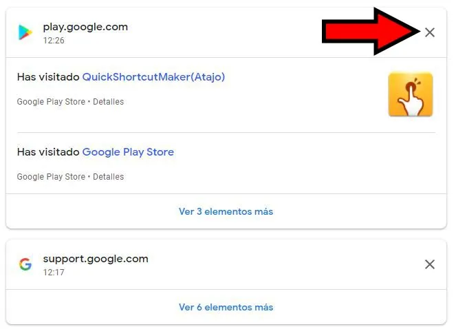 Botón “X” que aparece al lado de las palabras clave que aparecen en la función “Mi actividad” de Google.