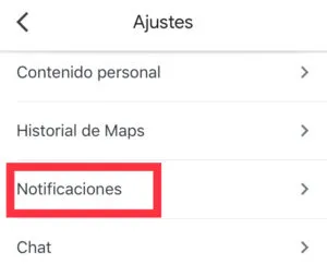 Apartado “Notificaciones” del menú de “Ajustes” de Google Maps.