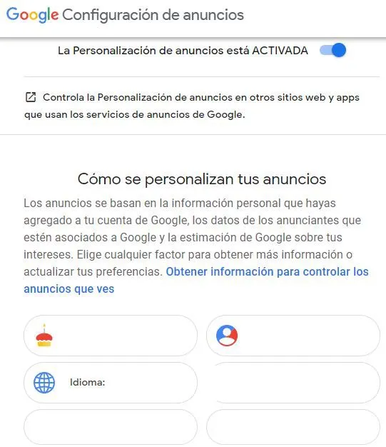 Perfil de anuncios en Google de un usuario, en donde aparece una lista de sus gustos personales.