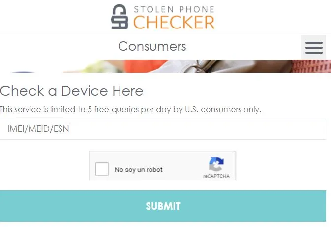 Casilla “IMEI/MEID/ESN” y botón “SUBMIT” del sitio web de “Stolen Phone Checker”.