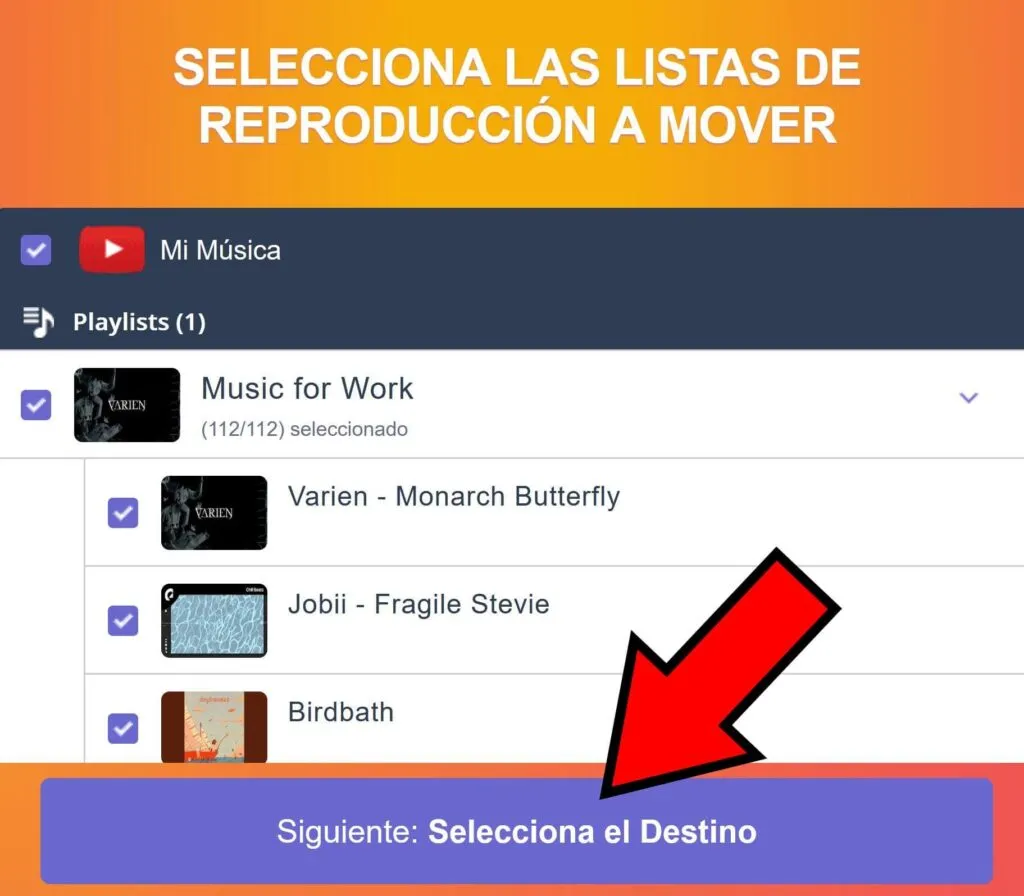 Lista de reproducción de YouTube de un usuario en TuneMyMusic, en donde se observa el botón “Siguiente: Selecciona el Destino”.