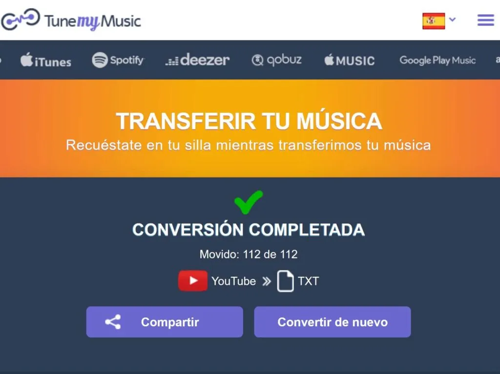Mensaje de TuneMyMusic confirmando que se ha transferido una lista de reproducción a un fichero de texto.