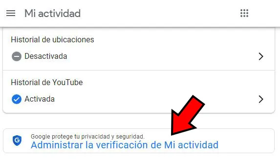 Opción “Administrar la verificación de Mi actividad” de la función “Mi actividad” de Google.