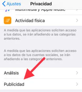 Menú del apartado “Privacidad” mostrando la opción “Publicidad”.