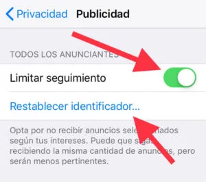 Opciones “Limitar seguimiento” y “Restablecer identificador”. 