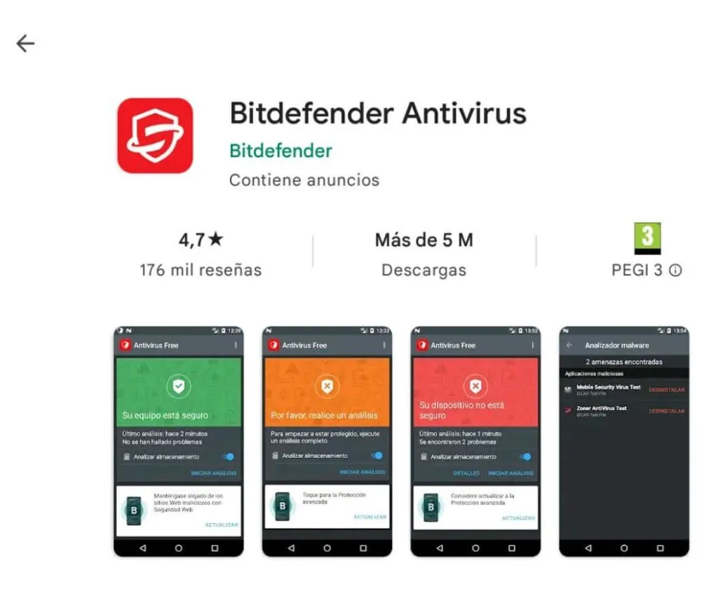 Tienda de Google Play mostrando el antivirus de Bitdefender.