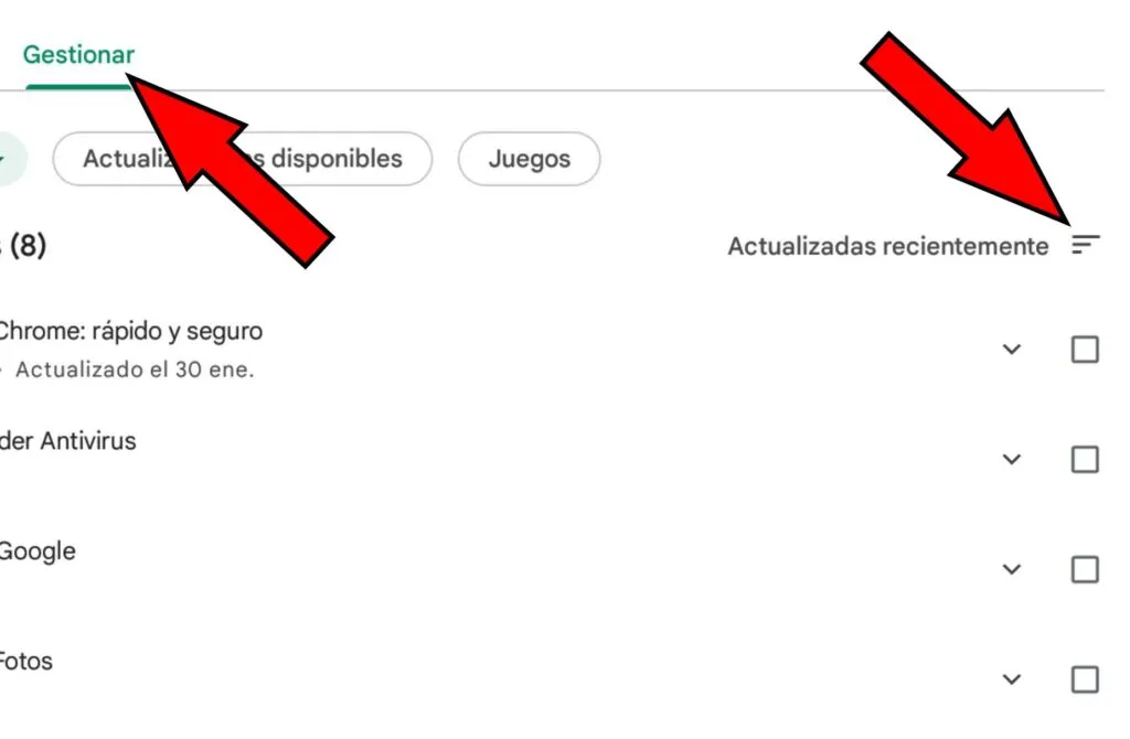 Apartado “Gestionar” e icono de las tres líneas, el cual aparece al lado del texto “Actualizadas recientemente”.