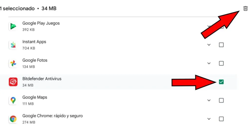 Icono del bote de basura y casilla de una de las apps marcada en el menú de “Gestionar apps y dispositivo”.