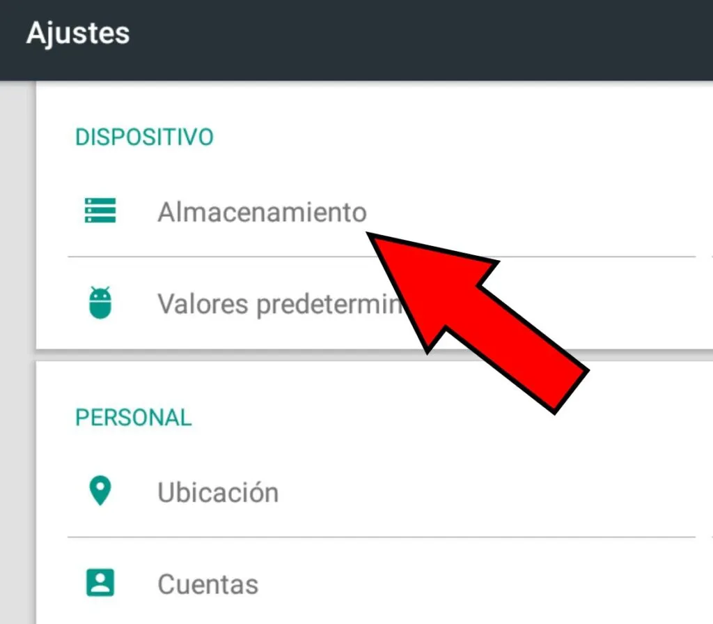 Apartado “Almacenamiento” del menú de Ajustes.