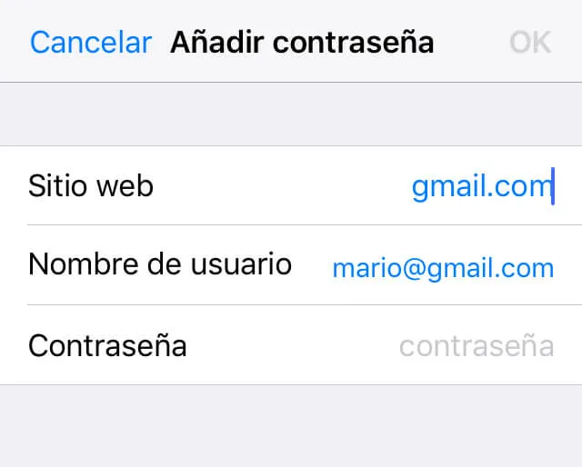 Usuario agregando sus credenciales al gestor de contraseñas de su iPhone.