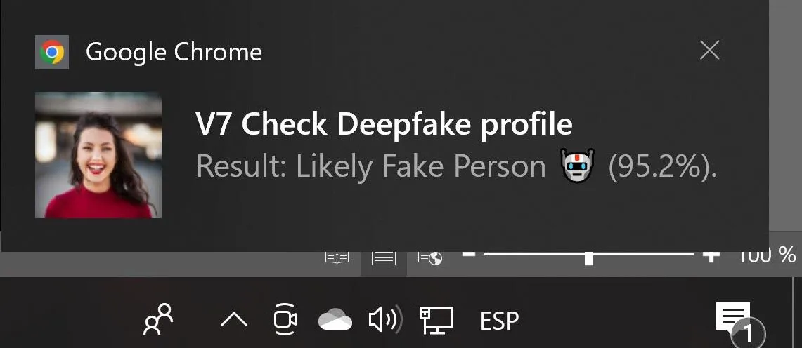 Notificación diciendo que la chica de una foto es falsa.