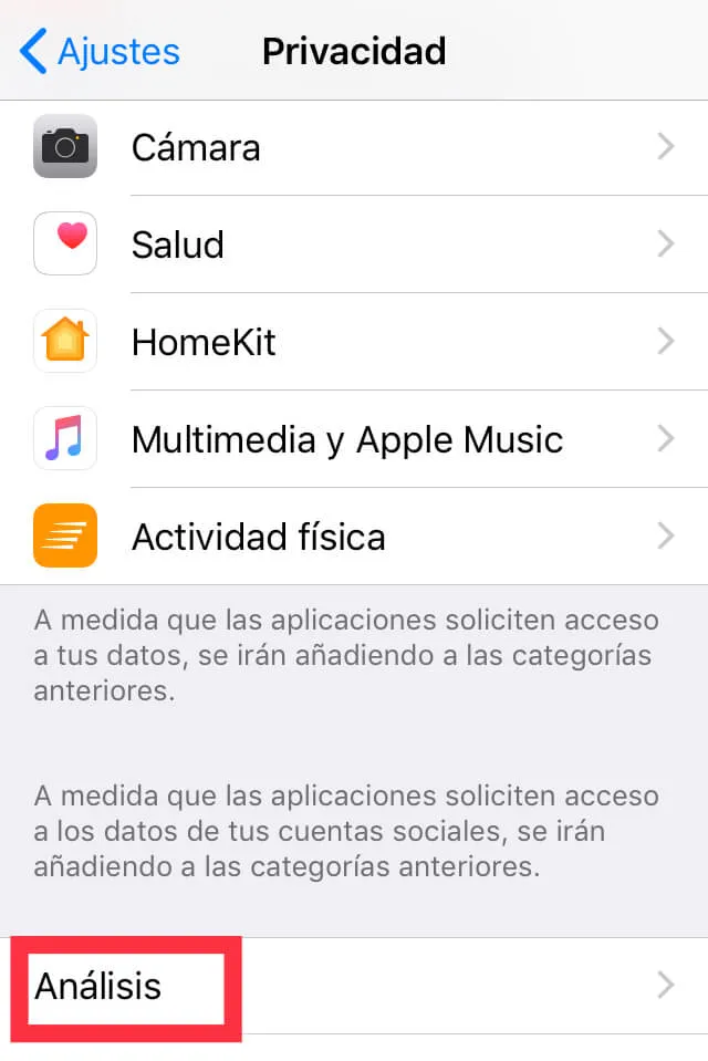 Apartado “Análisis” del menú de la opción “Privacidad”.
