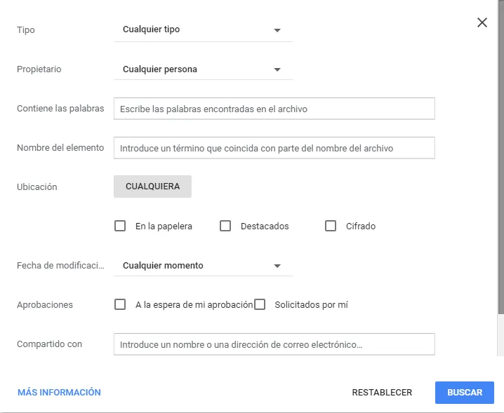Filtros de búsqueda de Google Drive