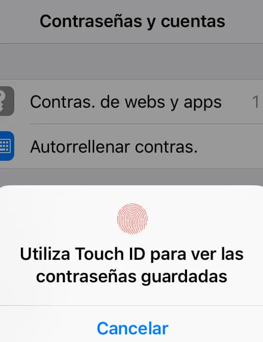 Modal pidiéndole al usuario que ponga su huella digital, el cual aparece cuando éste intenta agregar un nombre de usuario y contraseña en el gestor de contraseñas de su iPhone.