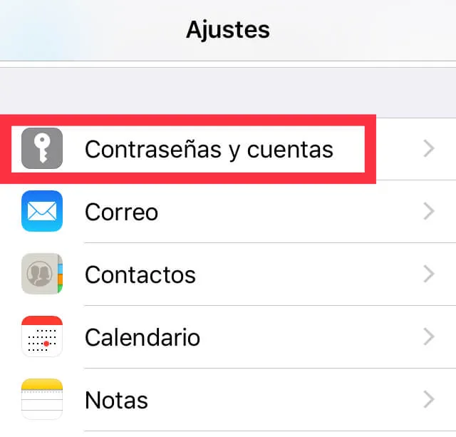 Apartado “Contraseñas y cuentas” de los Ajustes en un iPhone con iOS 12.