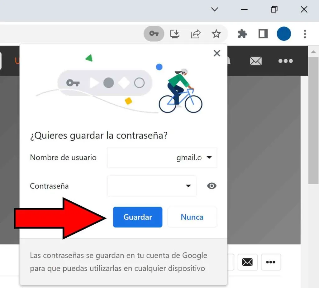 Usuario iniciando sesión en un sitio web desde Chrome. Se observa un modal preguntándole al usuario si desea guardar su contraseña, y un botón que dice “Guardar”.