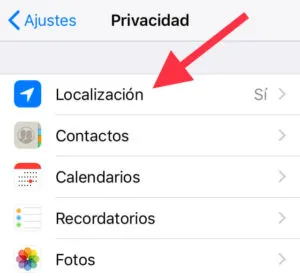 Opción “Localización” del menú del apartado “Privacidad”.