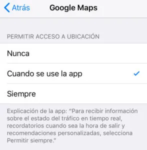App de Google Maps en el menú del apartado “Localización”. Se observa que la casilla “Cuando se usa la app” está marcada.