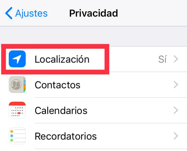 Opción “Localización” del menú del apartado “Privacidad”.