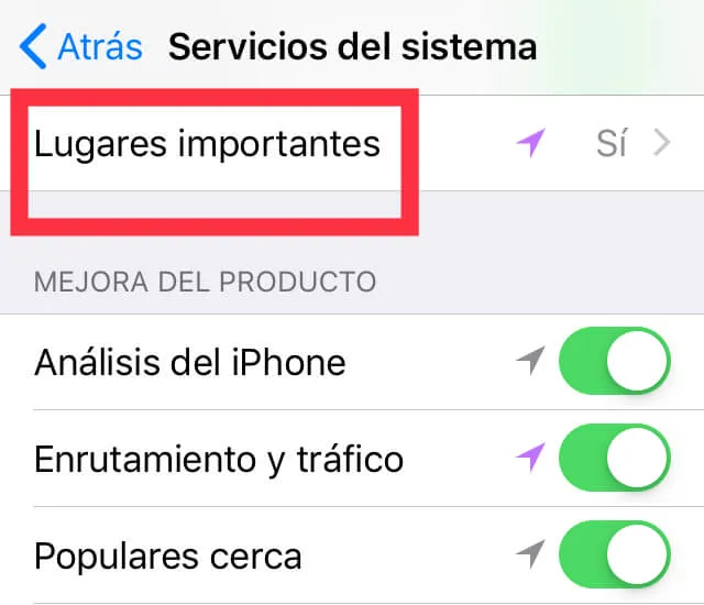 Apartado “Lugares importantes” del menú de “Servicios del sistema”.