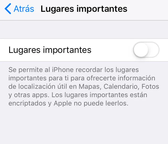 Menú del apartado “Lugares importantes”, en donde se observa que la opción “Lugares importantes” está desactivada.