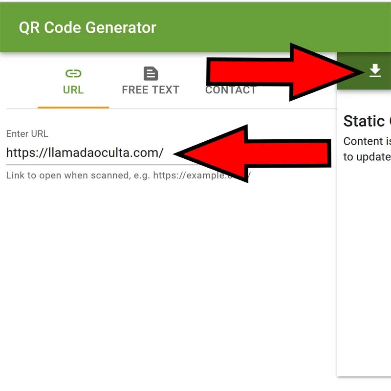 Icono de la flecha apuntando hacia abajo, y URL asignada a la casilla “Enter URL”.
