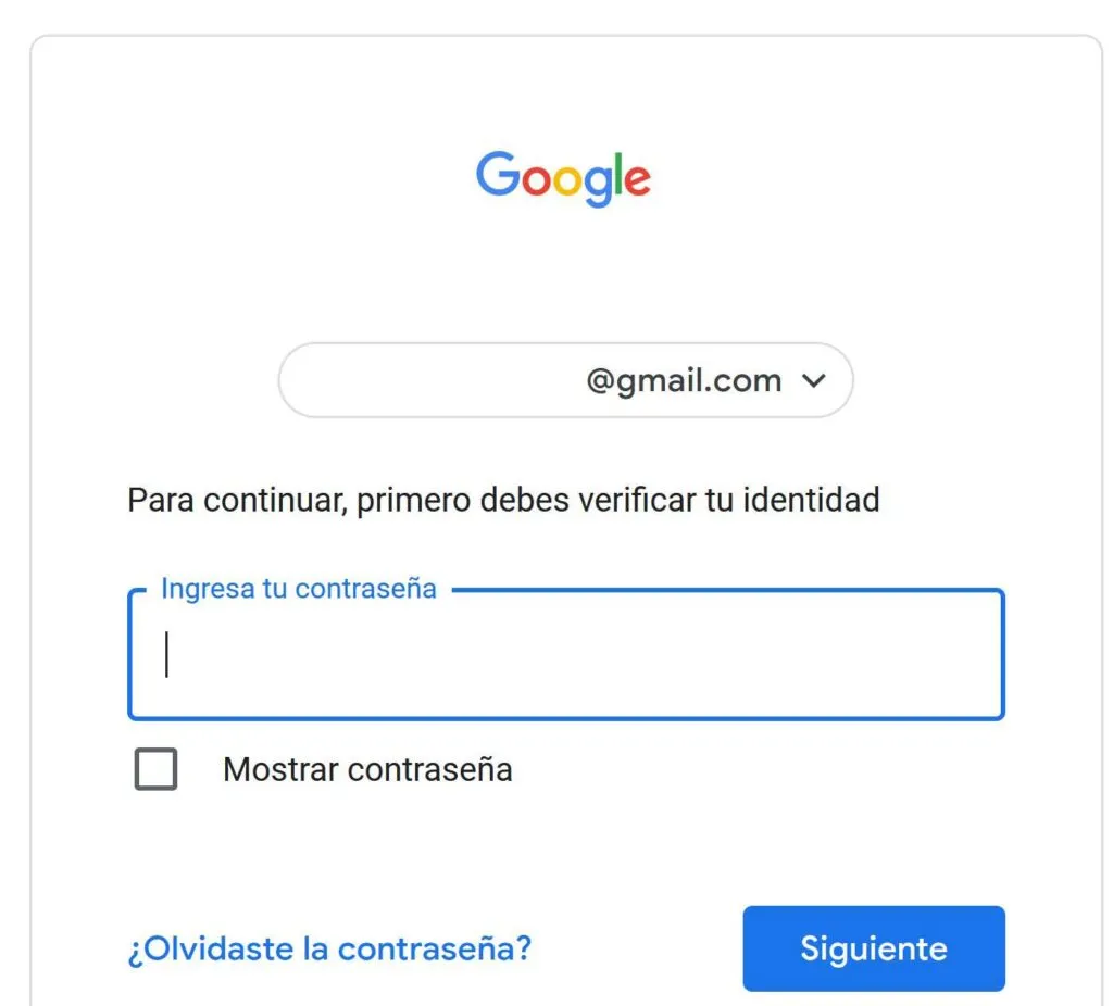 Formulario de inicio de sesión de Google, el cual aparece después de clicar en el botón “Verificar contraseñas”.