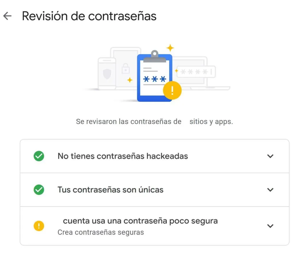 Menú de “Revisión de contraseñas”, en donde se observan unos mensajes indicándole al usuario si sus contraseñas fueron expuestas o si son seguras.