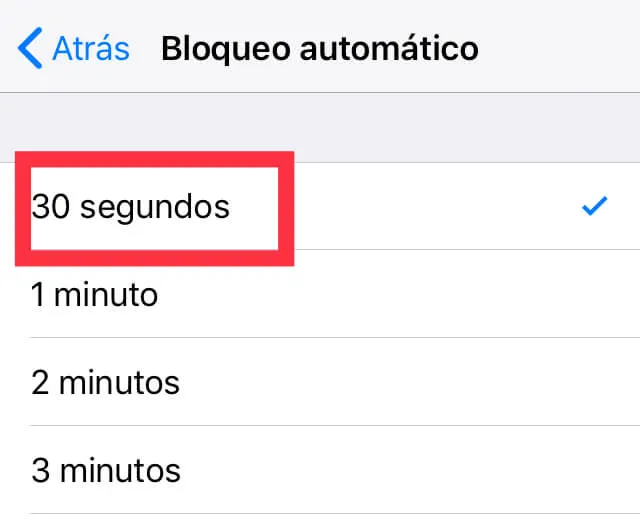 Apartado “30 segundos” del menú de la opción “Bloqueo automático”.