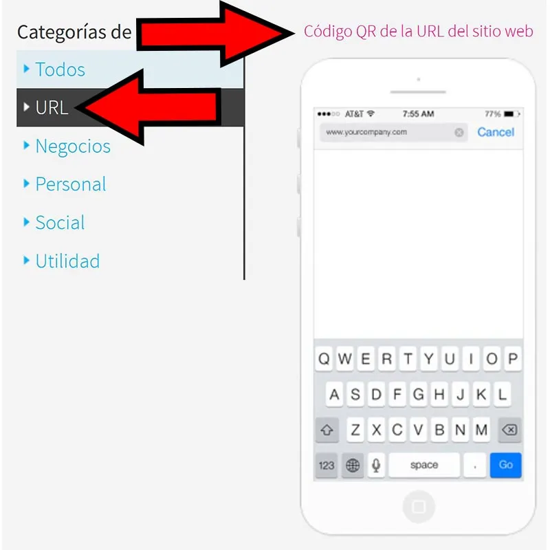 Opciones “URL” y “Código QR de la URL del sitio web”.
