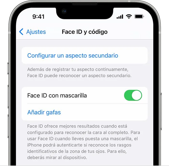 opcion face id con mascarilla y gafas desde ios 12